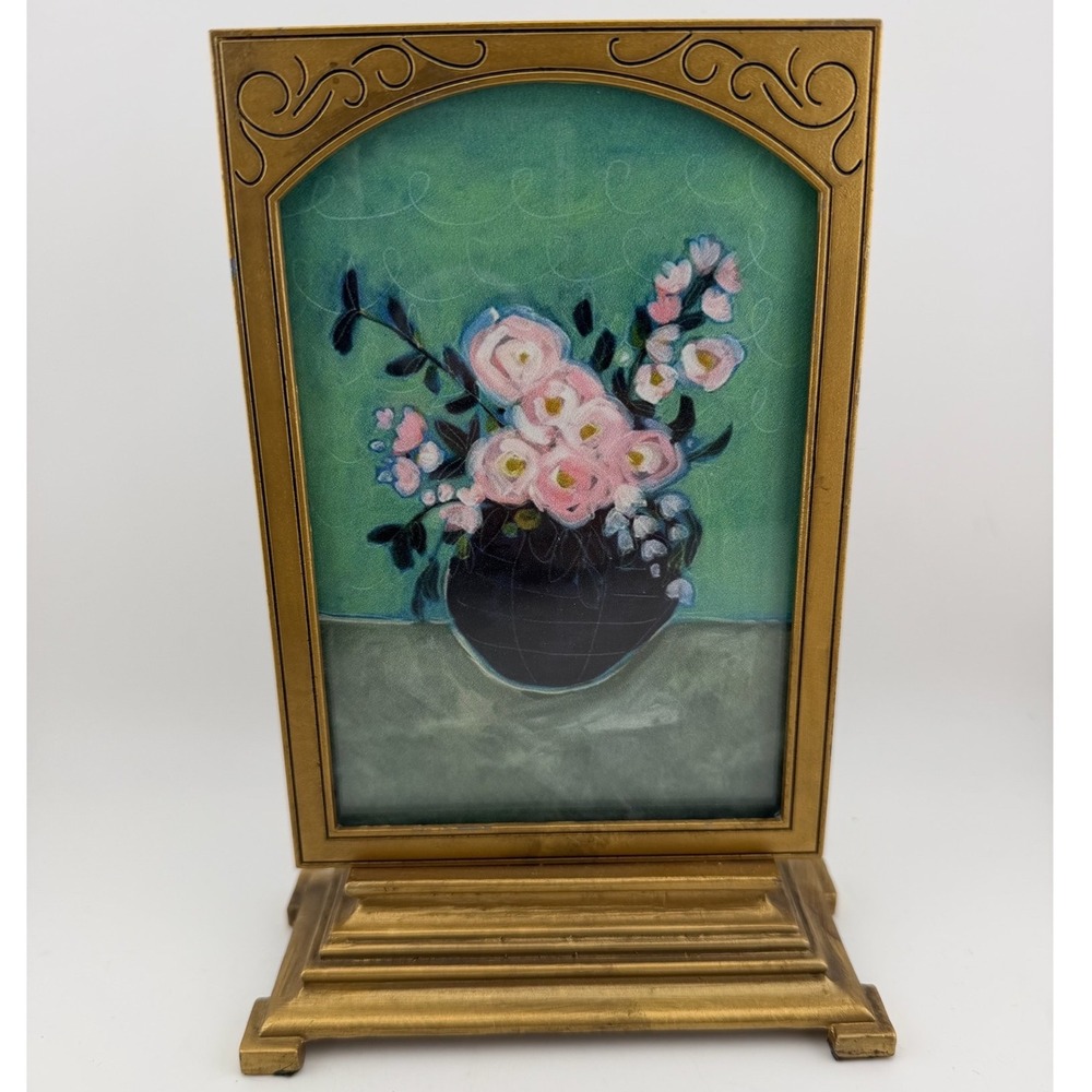 Jenny Parkhurst Floral‎ Art Gold Pedestal Frame Small Pink Green Vintage Art